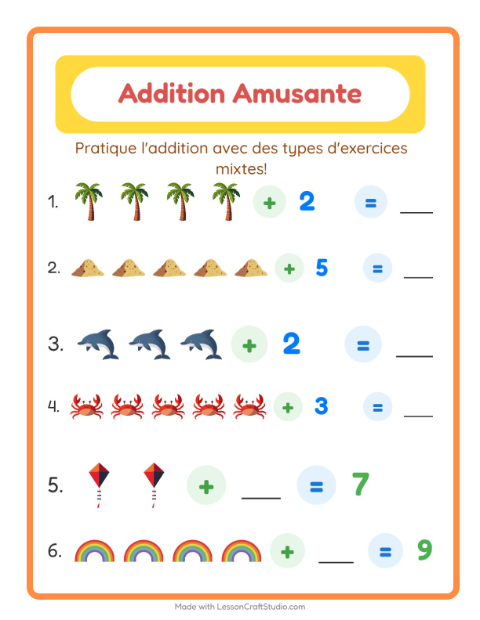 Aperçu de la fiche Addition avec Été pour École maternelle (grande section, 5-7 ans)