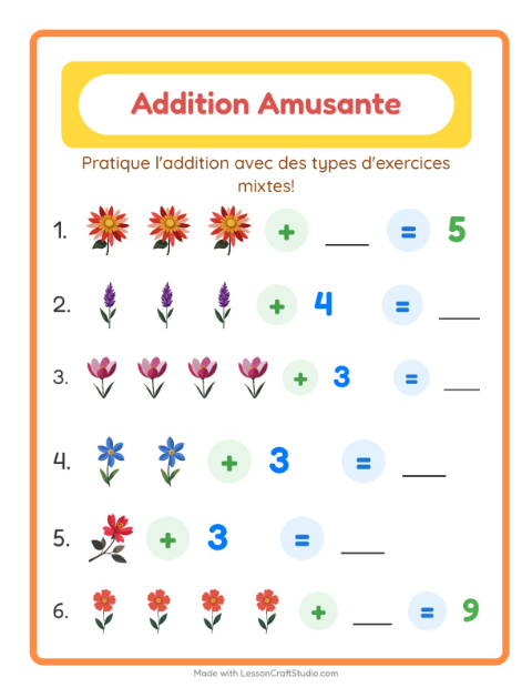 Aperçu de la fiche Addition avec Fleurs pour École maternelle (grande section, 5-7 ans)