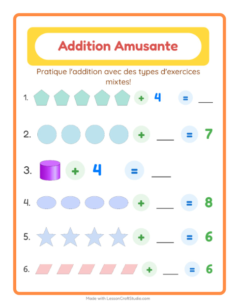 Aperçu de la fiche Addition avec Formes pour École maternelle (grande section, 5-7 ans)