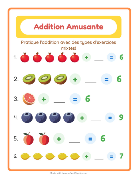 Aperçu de la fiche Addition avec Fruits pour École maternelle (grande section, 5-7 ans)
