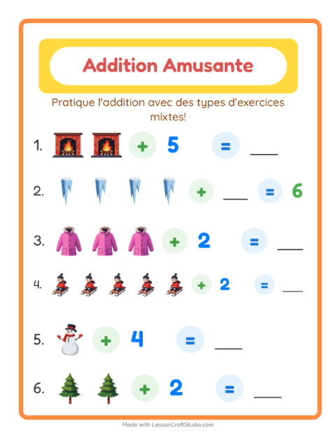 Aperçu de la fiche Addition avec Hiver pour École maternelle (grande section, 5-7 ans)