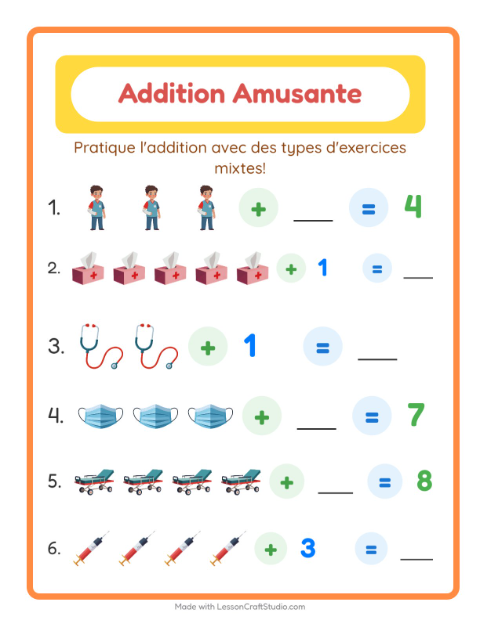 Aperçu de la fiche Addition avec Hôpital pour École maternelle (grande section, 5-7 ans)