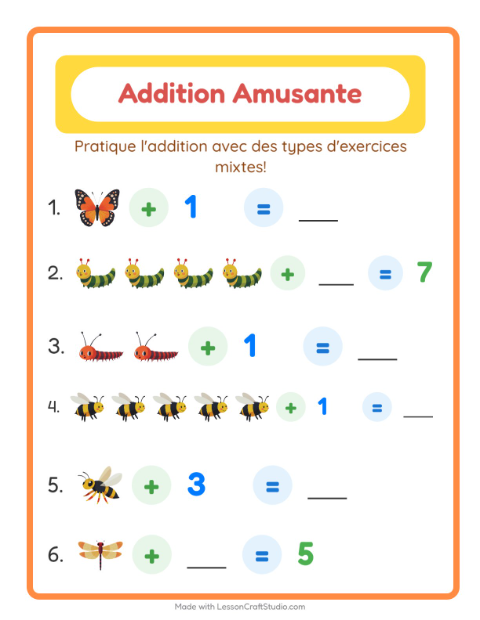 Aperçu de la fiche Addition avec Insectes et bestioles pour École maternelle (grande section, 5-7 ans)