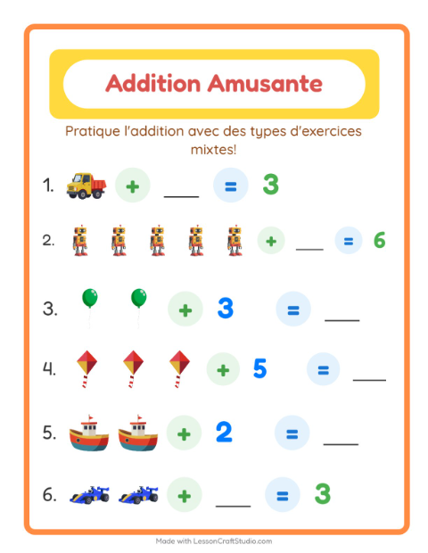 Aperçu de la fiche Addition avec Jouets pour École maternelle (grande section, 5-7 ans)
