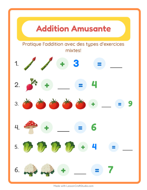 Aperçu de la fiche Addition avec Légumes pour École maternelle (grande section, 5-7 ans)