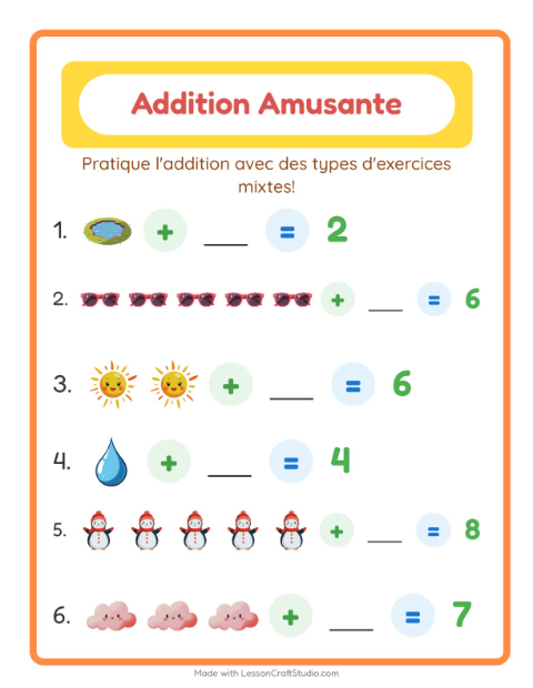 Aperçu de la fiche Addition avec Météo pour École maternelle (grande section, 5-7 ans)