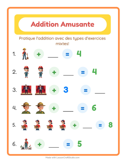 Aperçu de la fiche Addition avec Métiers pour École maternelle (grande section, 5-7 ans)