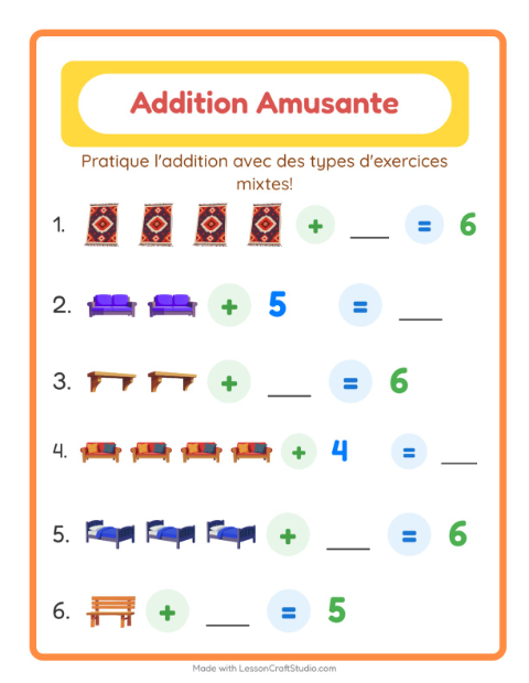 Aperçu de la fiche Addition avec Meubles pour École maternelle (grande section, 5-7 ans)