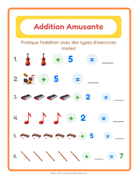 Aperçu de la fiche Addition avec Musique pour École maternelle (grande section, 5-7 ans)