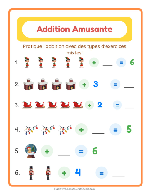 Aperçu de la fiche Addition avec Noël pour École maternelle (grande section, 5-7 ans)