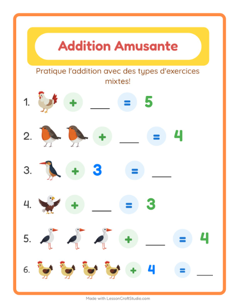Aperçu de la fiche Addition avec Oiseaux 2 pour École maternelle (grande section, 5-7 ans)