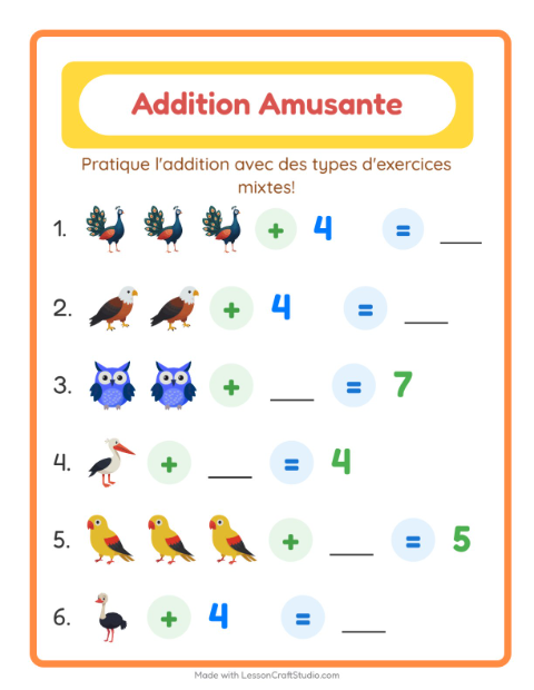 Aperçu de la fiche Addition avec Oiseaux pour École maternelle (grande section, 5-7 ans)