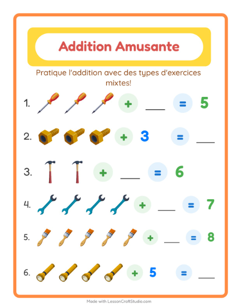 Aperçu de la fiche Addition avec Outils pour École maternelle (grande section, 5-7 ans)
