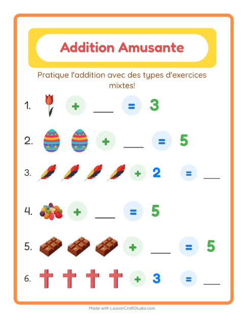 Aperçu de la fiche Addition avec Pâques pour École maternelle (grande section, 5-7 ans)