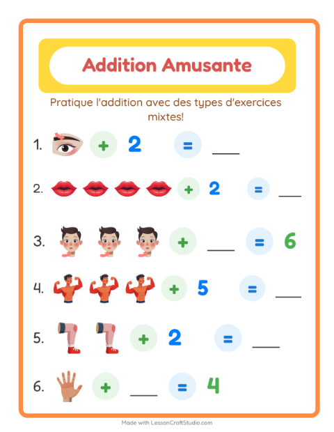 Aperçu de la fiche Addition avec Parties du corps pour École maternelle (grande section, 5-7 ans)