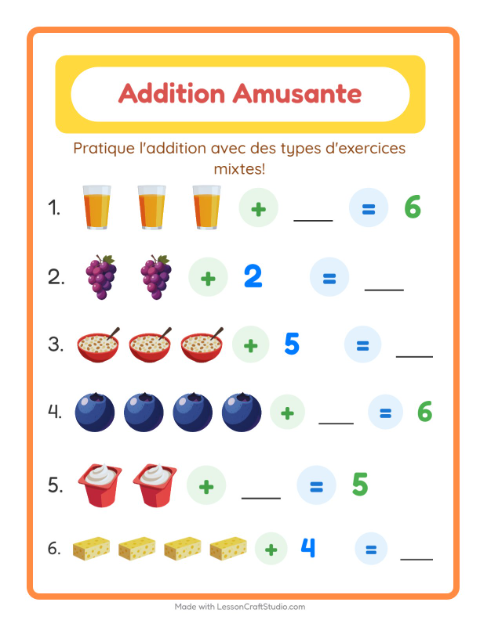 Aperçu de la fiche Addition avec Petit-déjeuner pour École maternelle (grande section, 5-7 ans)