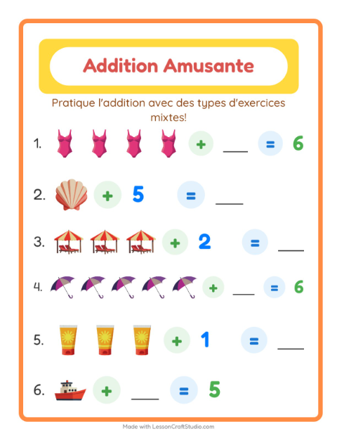 Aperçu de la fiche Addition avec Plage pour École maternelle (grande section, 5-7 ans)