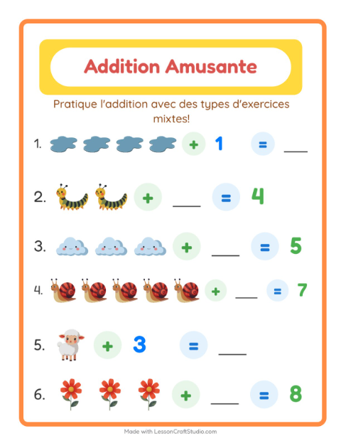 Aperçu de la fiche Addition avec Printemps pour École maternelle (grande section, 5-7 ans)
