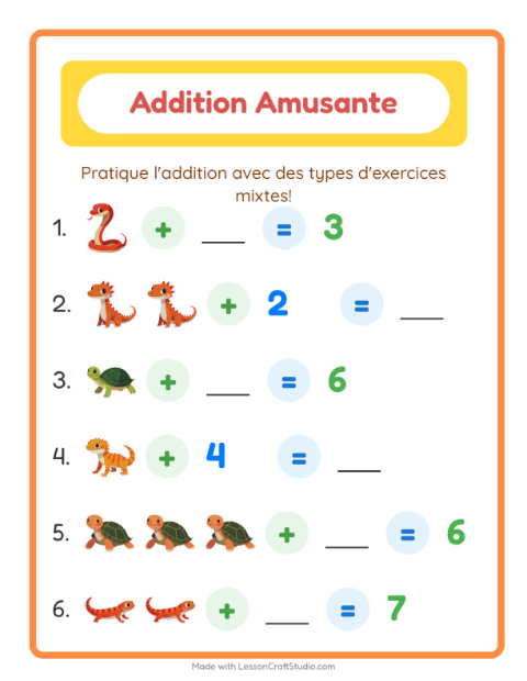 Aperçu de la fiche Addition avec Reptiles et amphibiens pour École maternelle (grande section, 5-7 ans)