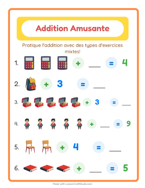 Aperçu de la fiche Addition avec Salle de classe pour École maternelle (grande section, 5-7 ans)
