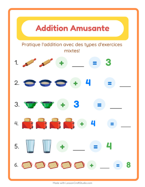 Aperçu de la fiche Addition avec Ustensiles de cuisine pour École maternelle (grande section, 5-7 ans)