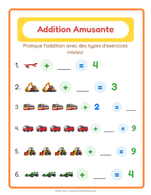 Aperçu de la fiche Addition avec Véhicules pour École maternelle (grande section, 5-7 ans)