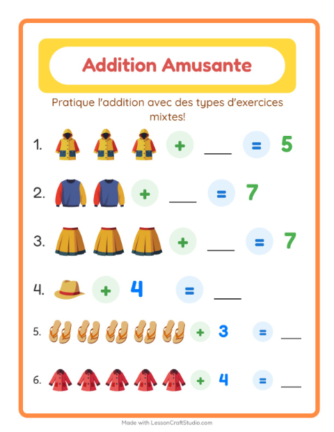 Aperçu de la fiche Addition avec Vêtements pour École maternelle (grande section, 5-7 ans)