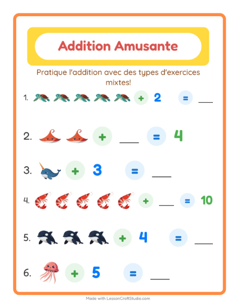 Aperçu de la fiche Addition avec Vie océanique pour École maternelle (grande section, 5-7 ans)