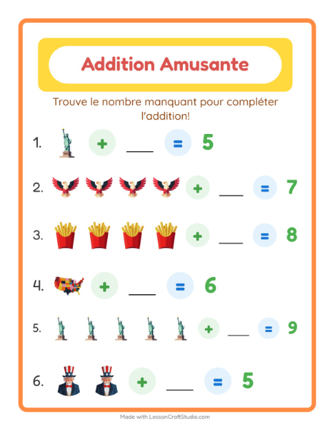 Aperçu de la fiche Addition avec 4 juillet pour École maternelle (grande section, 5-7 ans)