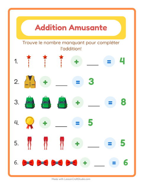 Aperçu de la fiche Addition avec Accessoires pour École maternelle (grande section, 5-7 ans)
