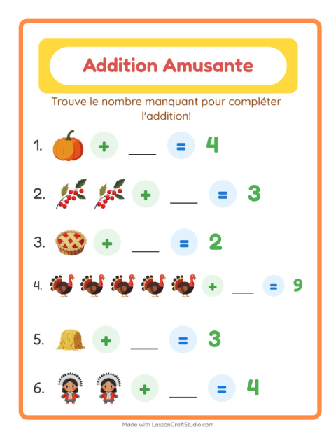 Aperçu de la fiche Addition avec Action de grâce pour École maternelle (grande section, 5-7 ans)