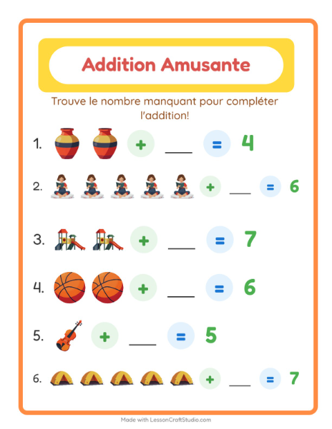Aperçu de la fiche Addition avec Activités pour École maternelle (grande section, 5-7 ans)