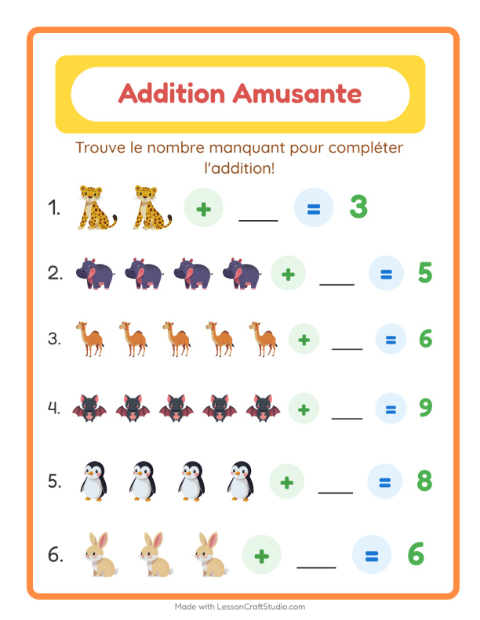 Aperçu de la fiche Addition avec Animaux pour École maternelle (grande section, 5-7 ans)