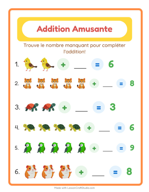 Aperçu de la fiche Addition avec Animaux de compagnie pour École maternelle (grande section, 5-7 ans)