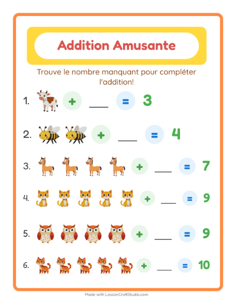 Aperçu de la fiche Addition avec Animaux de la ferme pour École maternelle (grande section, 5-7 ans)