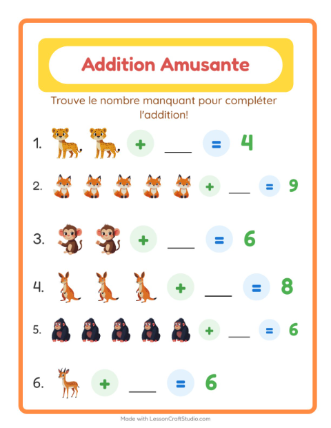 Aperçu de la fiche Addition avec Animaux du zoo pour École maternelle (grande section, 5-7 ans)