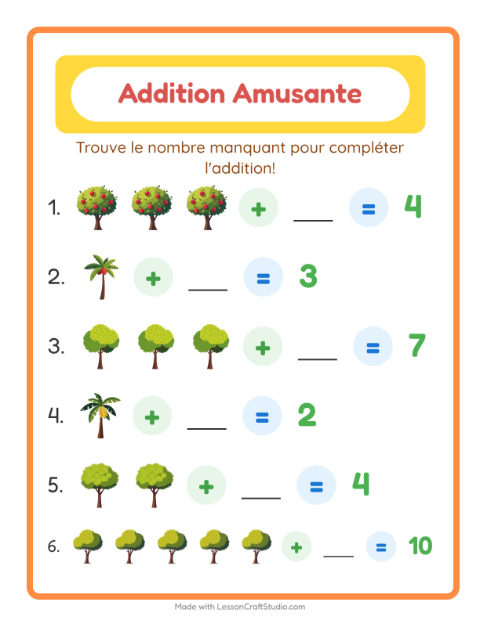 Aperçu de la fiche Addition avec Arbres pour École maternelle (grande section, 5-7 ans)