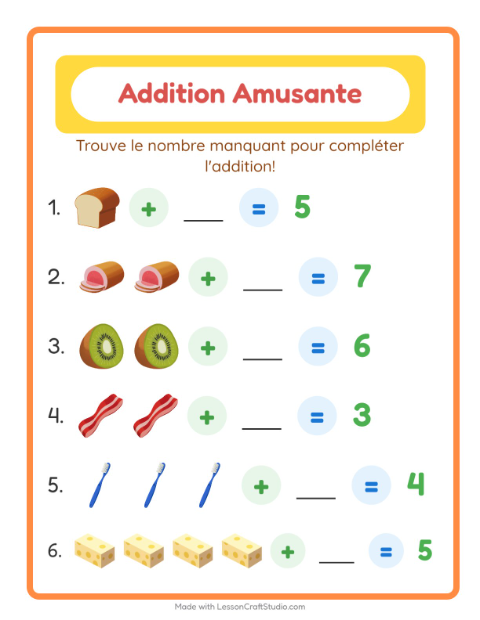 Aperçu de la fiche Addition avec Au supermarché pour École maternelle (grande section, 5-7 ans)