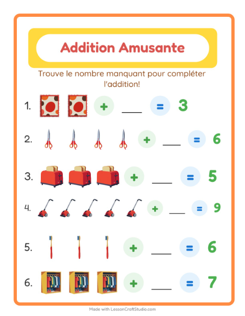 Aperçu de la fiche Addition avec Autour de la maison pour École maternelle (grande section, 5-7 ans)