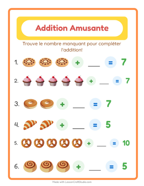 Aperçu de la fiche Addition avec Boulangerie pour École maternelle (grande section, 5-7 ans)
