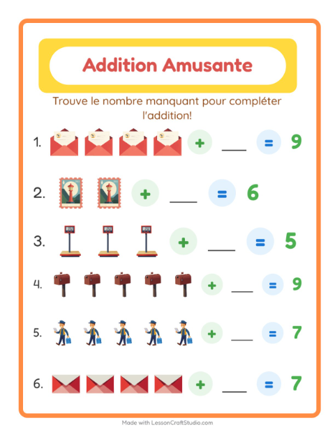 Aperçu de la fiche Addition avec Bureau de poste pour École maternelle (grande section, 5-7 ans)