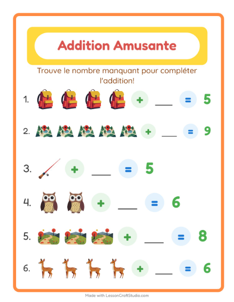 Aperçu de la fiche Addition avec Camping pour École maternelle (grande section, 5-7 ans)