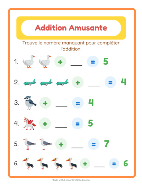 Aperçu de la fiche Addition avec Choses qui volent pour École maternelle (grande section, 5-7 ans)