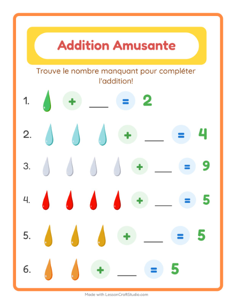 Aperçu de la fiche Addition avec Couleurs pour École maternelle (grande section, 5-7 ans)