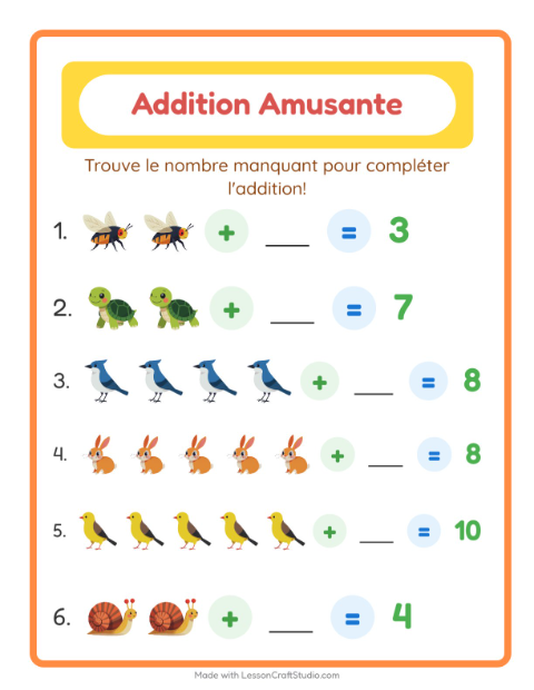 Aperçu de la fiche Addition avec Créatures de la forêt pour École maternelle (grande section, 5-7 ans)