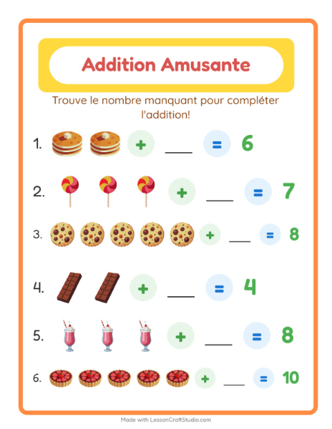 Aperçu de la fiche Addition avec Desserts et sucreries pour École maternelle (grande section, 5-7 ans)