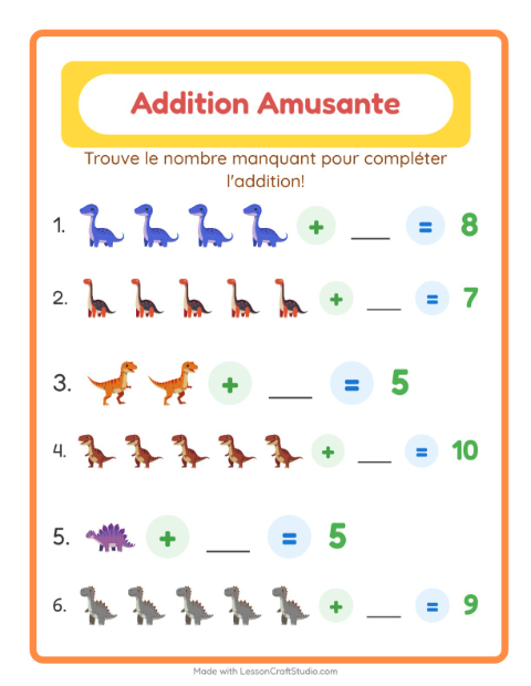 Aperçu de la fiche Addition avec Dinosaures pour École maternelle (grande section, 5-7 ans)