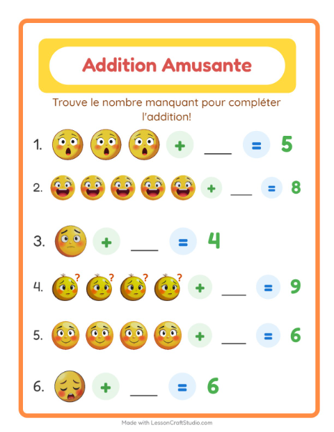 Aperçu de la fiche Addition avec Émotions pour École maternelle (grande section, 5-7 ans)