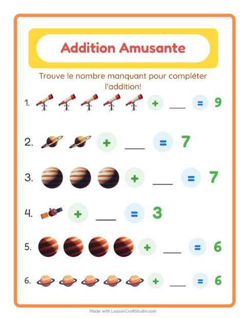 Aperçu de la fiche Addition avec Espace pour École maternelle (grande section, 5-7 ans)