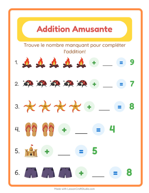 Aperçu de la fiche Addition avec Été pour École maternelle (grande section, 5-7 ans)
